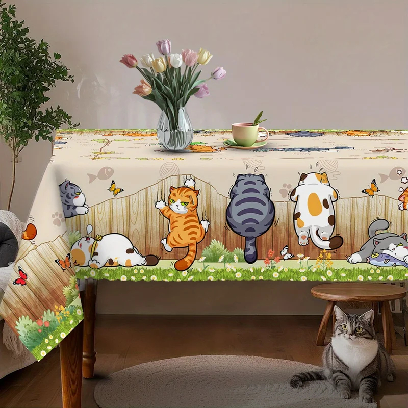 Kids Outdoor Play Table - VIKAMA Beige Cartoon Cat Tablecloth Playful